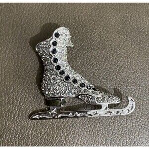 Swarovski Swan Signed Rhodium Plated Black Diamond Ice Skate Brooch